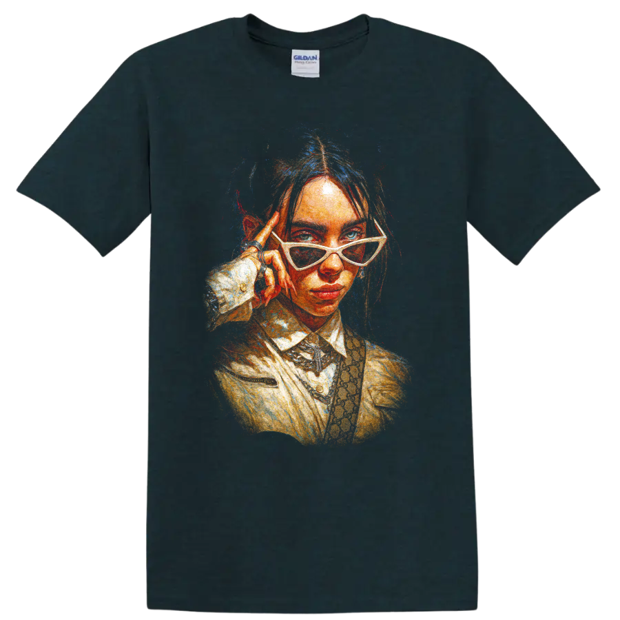 Billie Eilish stylized pop art portrait with white sunglasses on a Midnight (Green) T Shirt