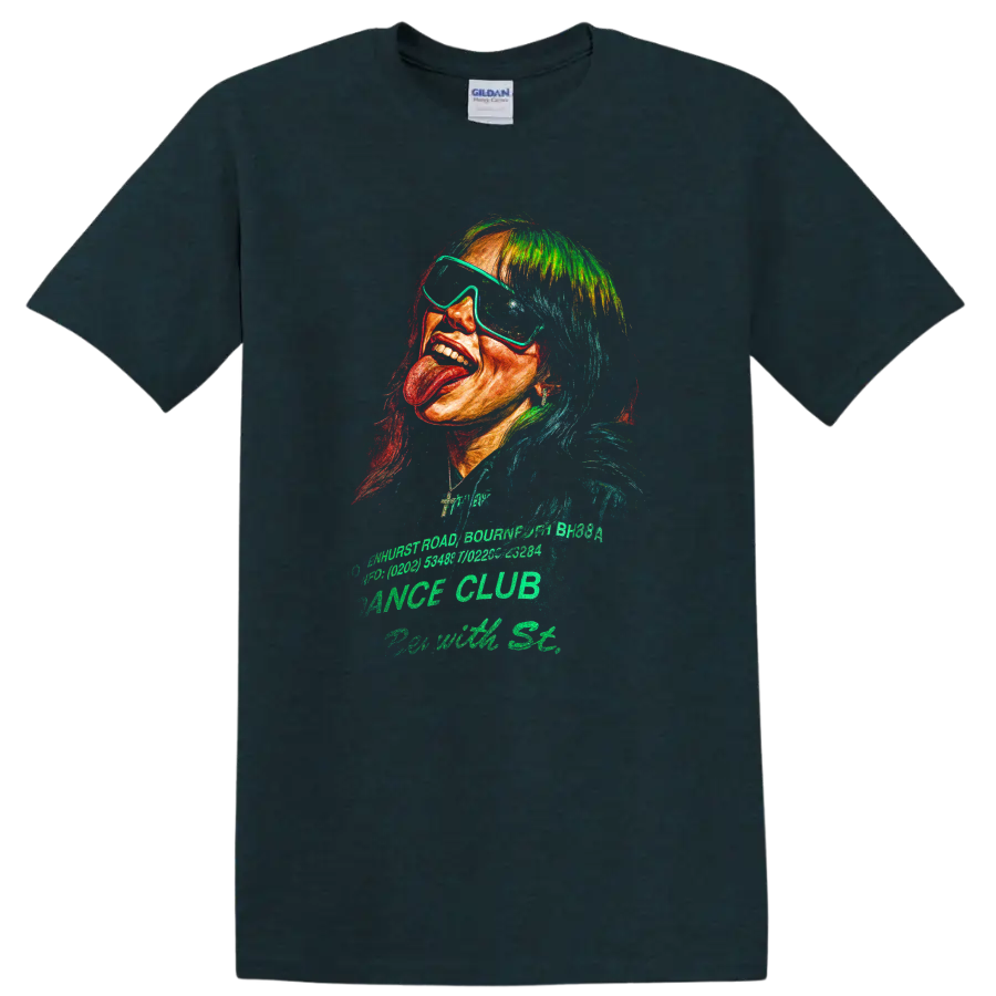 Billie Eilish neon pop art portrait fan-art graphic print on a Midnight (Green) T Shirt