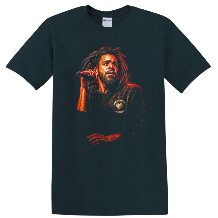 Stylized Bob Marley reggae portrait with microphone in red and orange tones on a Midnight (Green) T Shirt