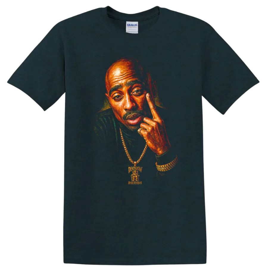 Tupac Shakur portrait in vivid red and orange hip-hop graphic style on a Midnight (Green) T Shirt