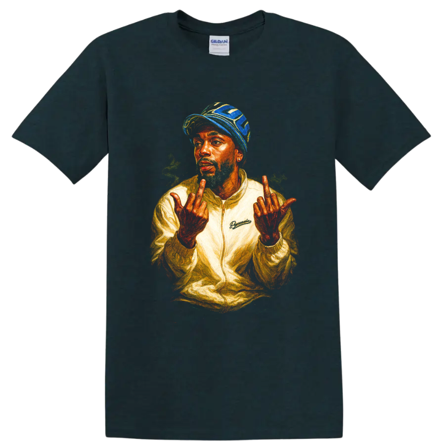 Tyler, the Creator color-pencil hip-hop portrait with raised hands on a Midnight (Green) T Shirt