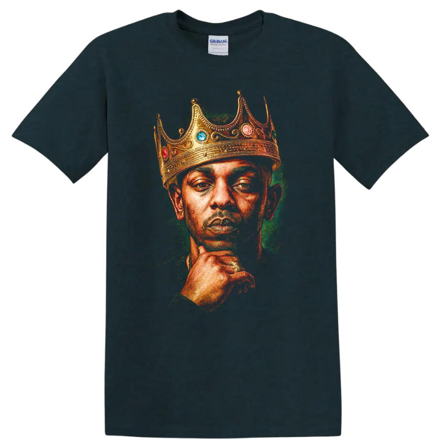 Kendrick Lamar crowned portrait graphic in vivid hip-hop illustration style on a Midnight (Green) T Shirt