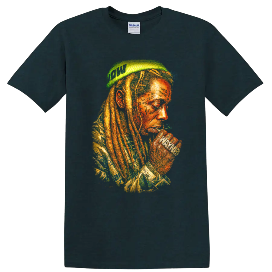 Lil Wayne abstract watercolor hip-hop portrait fan art on a Midnight (Green) T Shirt