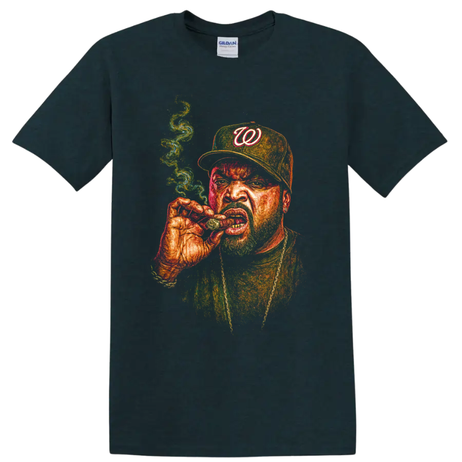 Ice Cube hip-hop portrait with Washington W cap and smoking pose on a Midnight (Green) T Shirt