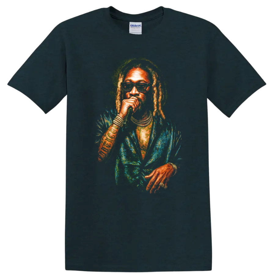 Colorful Don Carlos Black Uhuru reggae portrait graphic with dreadlocks on a Midnight (Green) T Shirt