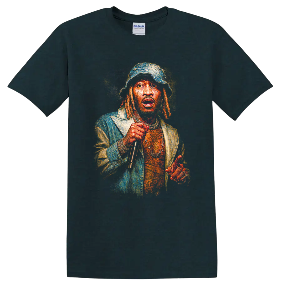 Shablizy King hip-hop album cover portrait with microphone and bucket hat on a Midnight (Green) T Shirt
