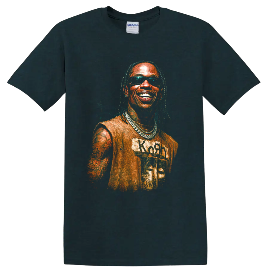 Stylized Travis Scott portrait with sunglasses and layered chains on a Midnight (Green) T Shirt