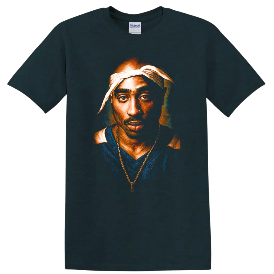 Tupac Shakur portrait artwork in bold painterly hip-hop style on a Midnight (Green) T Shirt