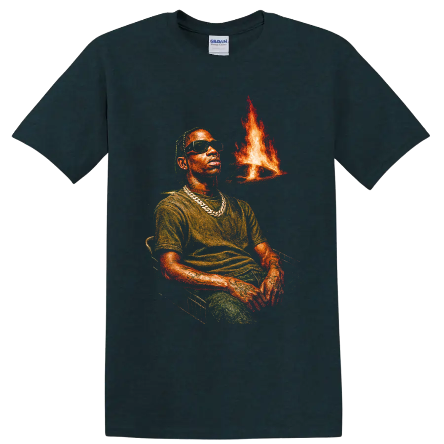 Travis Scott Utopia portrait graphic with sunglasses, chains, and flames on a Midnight (Green) T Shirt