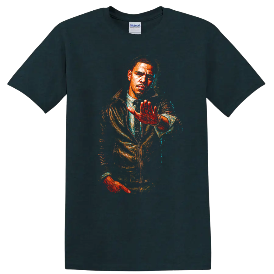 Common portrait in vivid distressed hip-hop graphic art on a Midnight (Green) T Shirt