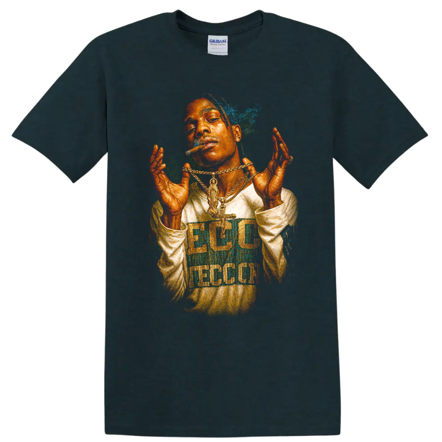 DaBaby colorful hip-hop fan art portrait with layered gold chains on a Midnight (Green) T Shirt