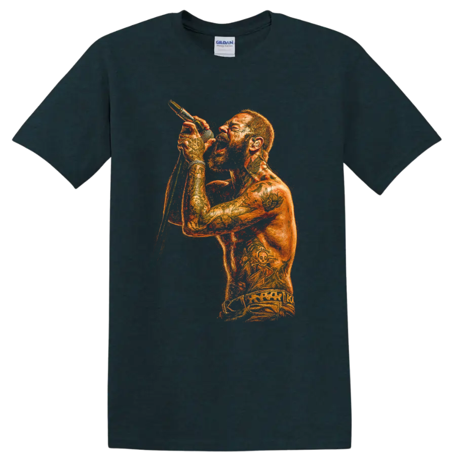 Post Malone live performance portrait with microphone in fiery orange art on a Midnight (Green) T Shirt