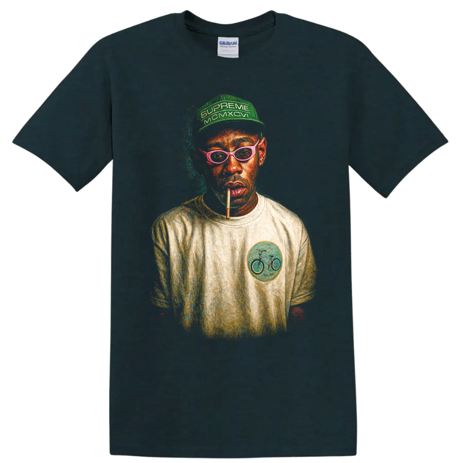 Tyler, the Creator stylized portrait with green cap and pink glasses on a Midnight (Green) T Shirt