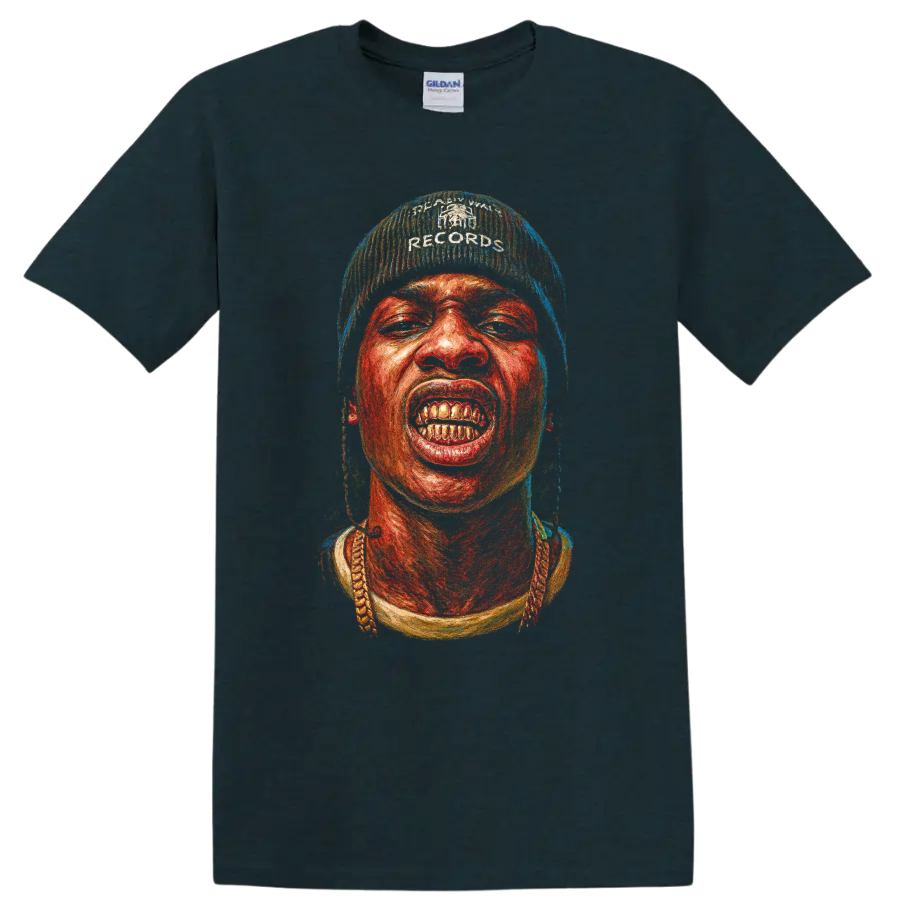 Travis Scott portrait graphic with gritty red and blue hip-hop artwork on a Midnight (Green) T Shirt