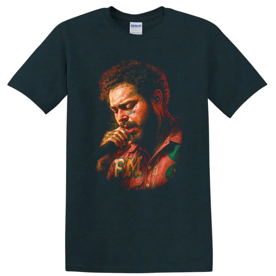 Boko Yout expressive red and green post-punk portrait graphic on a Midnight (Green) T Shirt