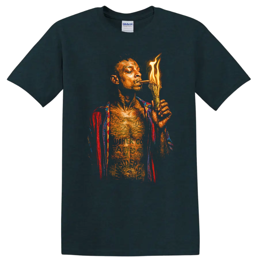 DaBaby hip-hop portrait with flame-inspired torch graphic on a Midnight (Green) T Shirt