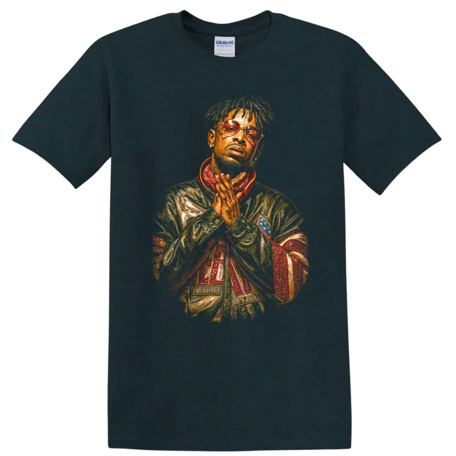 21 Savage stylized hip-hop portrait with tinted glasses and bold painted texture on a Midnight (Green) T Shirt