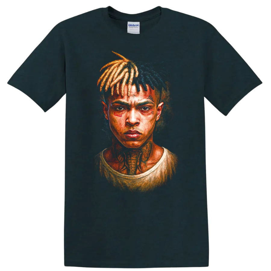 XXXTentacion portrait fan sketch with colorful dreadlocks on a Midnight (Green) T Shirt