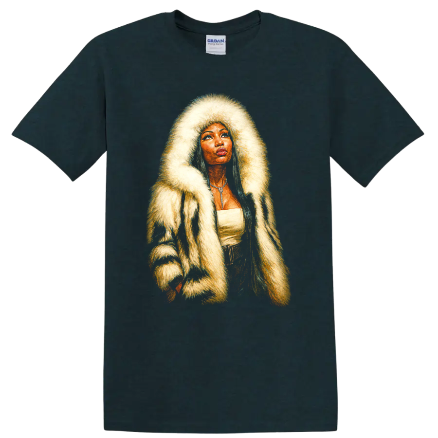 Nicki Minaj-inspired hip-hop portrait with dramatic fur hood on a Midnight (Green) T Shirt