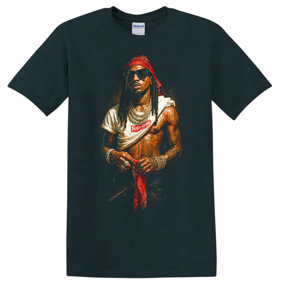Playboi Carti portrait with red headwear, jewelry, sunglasses, and Supreme logo on a Midnight (Green) T Shirt