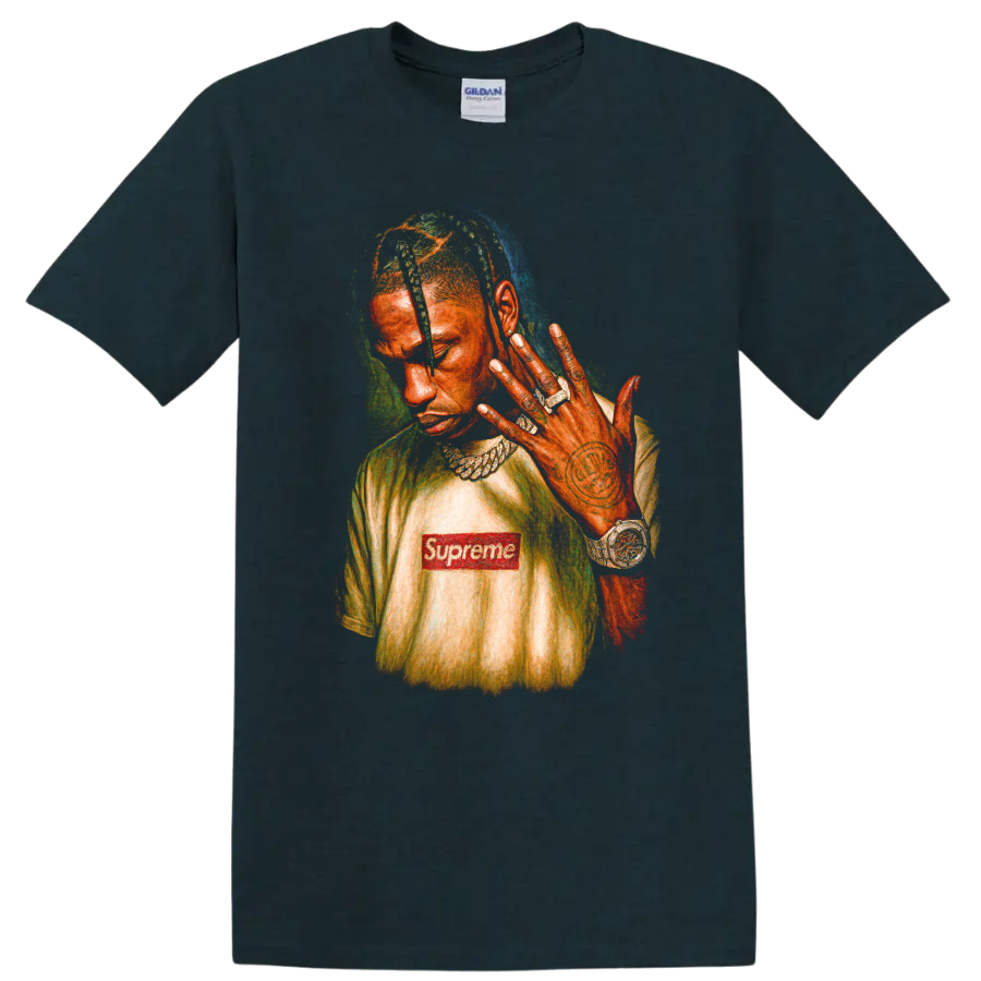 Travis Scott pop-art portrait with Supreme logo and colorful graphic style on a Midnight (Green) T Shirt