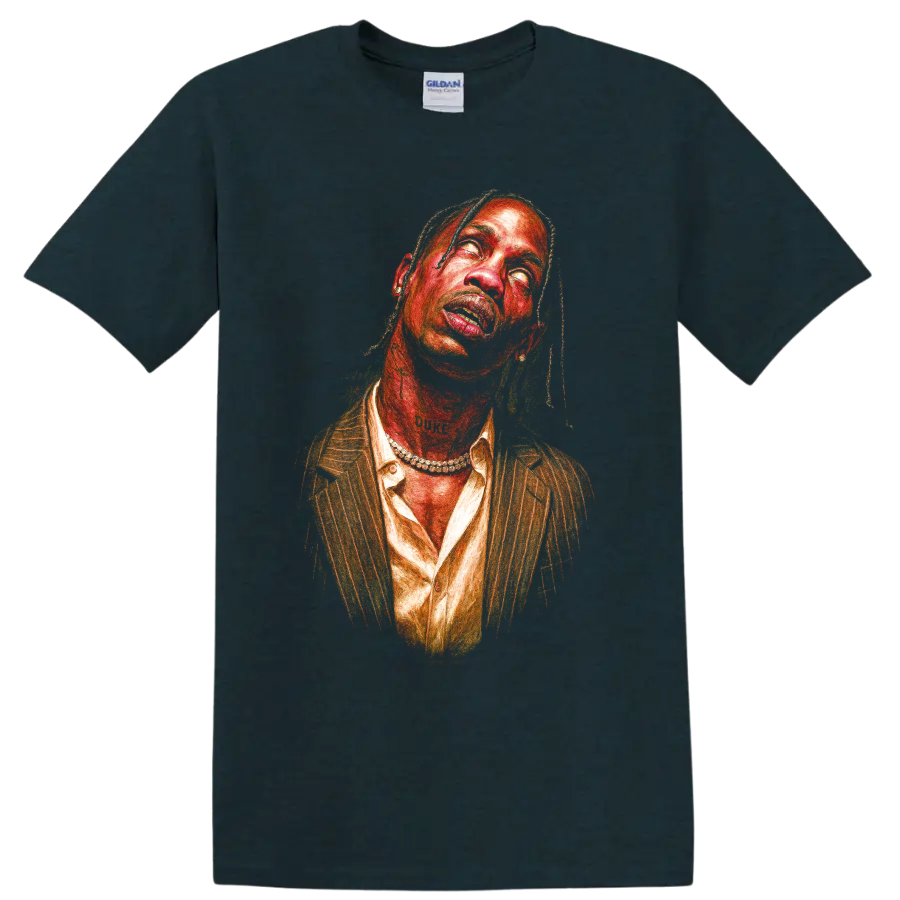 Travis Scott abstract portrait graphic art on a Midnight (Green) T Shirt