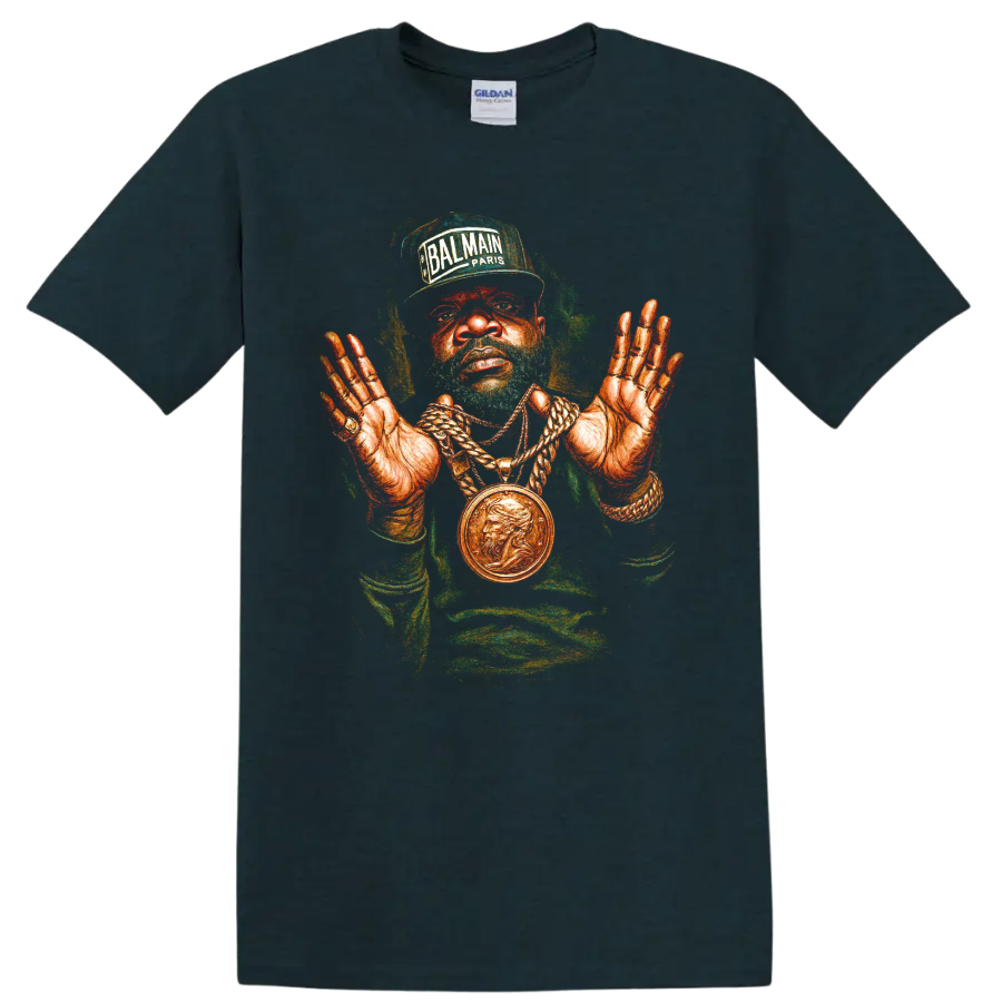 Rick Ross hip-hop portrait with Balmain Paris cap and gold chain artwork on a Midnight (Green) T Shirt