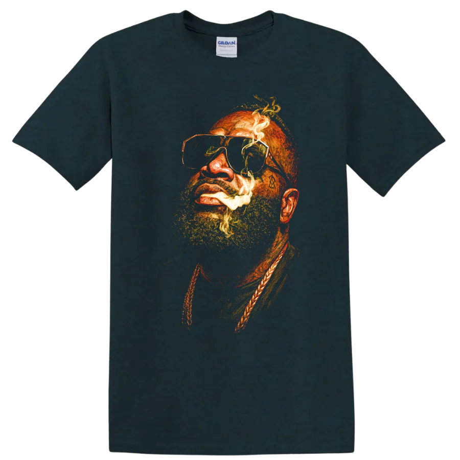 Rick Ross portrait artwork with beard and tinted glasses on a Midnight (Green) T Shirt