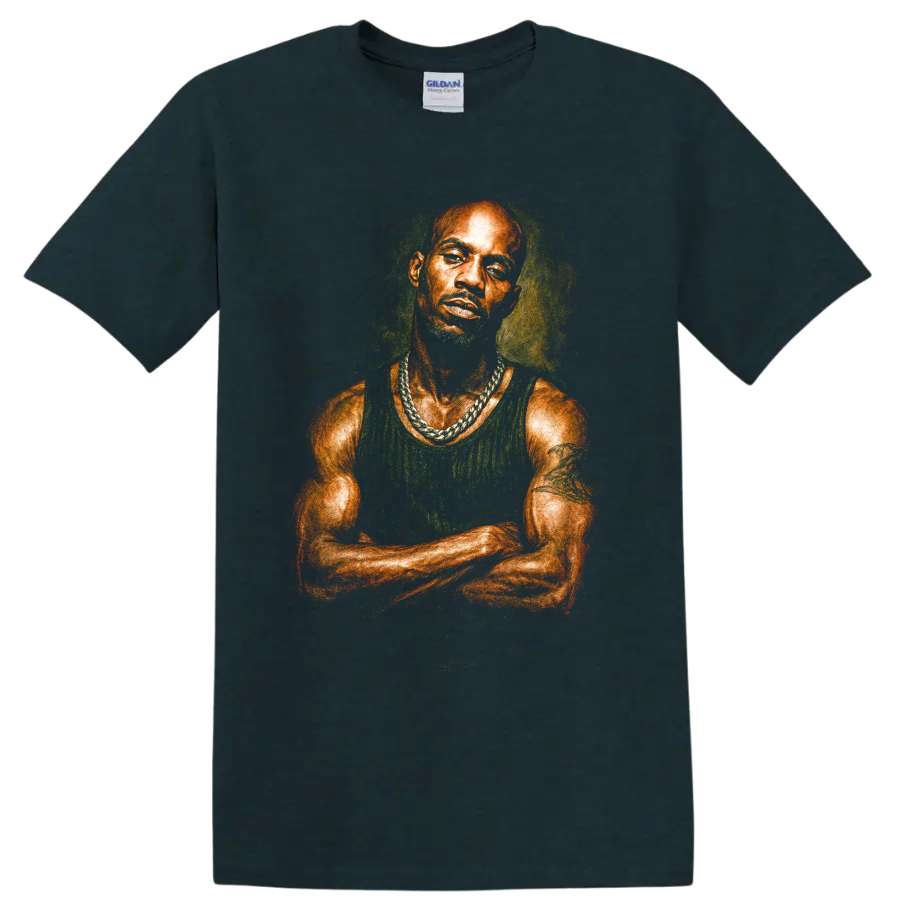 DMX pastel-style hip-hop portrait drawing with vivid colors on a Midnight (Green) T Shirt