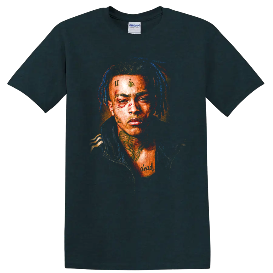 XXXTentacion fan portrait in a vivid, textured hip-hop graphic style on a Midnight (Green) T Shirt
