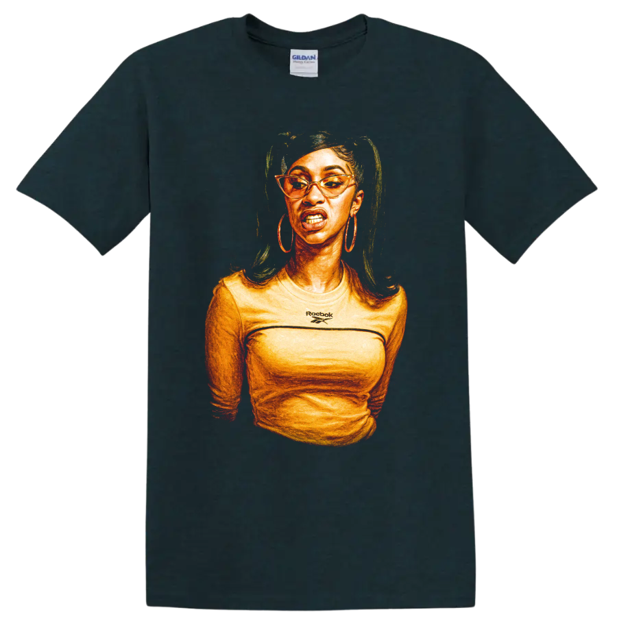 Cardi B stylized hip hop portrait with glasses and hoop earrings on a Midnight (Green) T Shirt