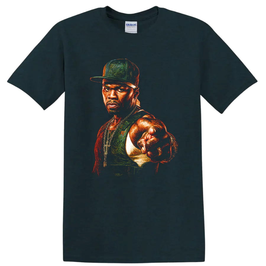 50 Cent portrait graphic with cap, jewelry, and forward-pointing pose on a Midnight (Green) T Shirt