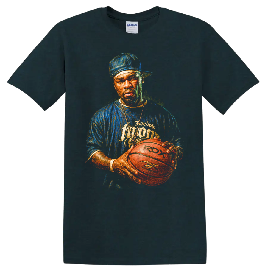 50 Cent hip-hop portrait holding a Reebok RDX basketball graphic on a Midnight (Green) T Shirt
