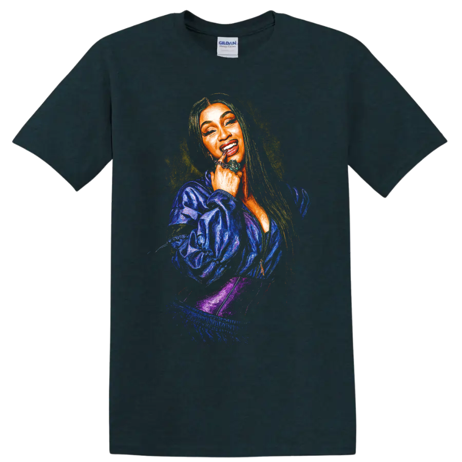 Cardi B pop art digital portrait with vibrant colors on a Midnight (Green) T Shirt
