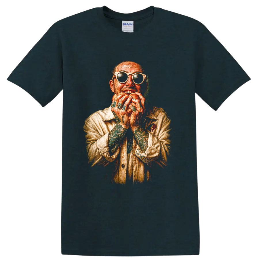 Mac Miller colored-pencil portrait with sunglasses and tattooed hands on a Midnight (Green) T Shirt