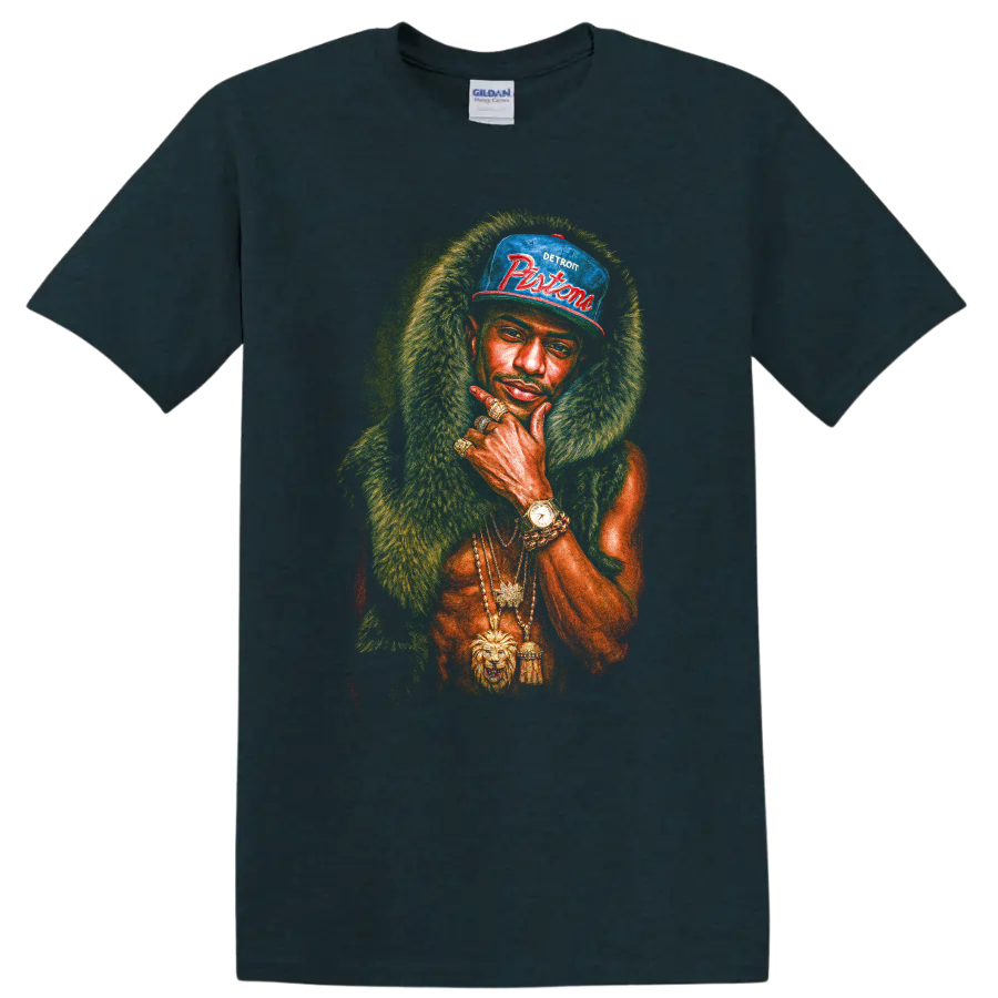 R. Kelly portrait graphic with Detroit Pistons cap and gold jewelry on a Midnight (Green) T Shirt