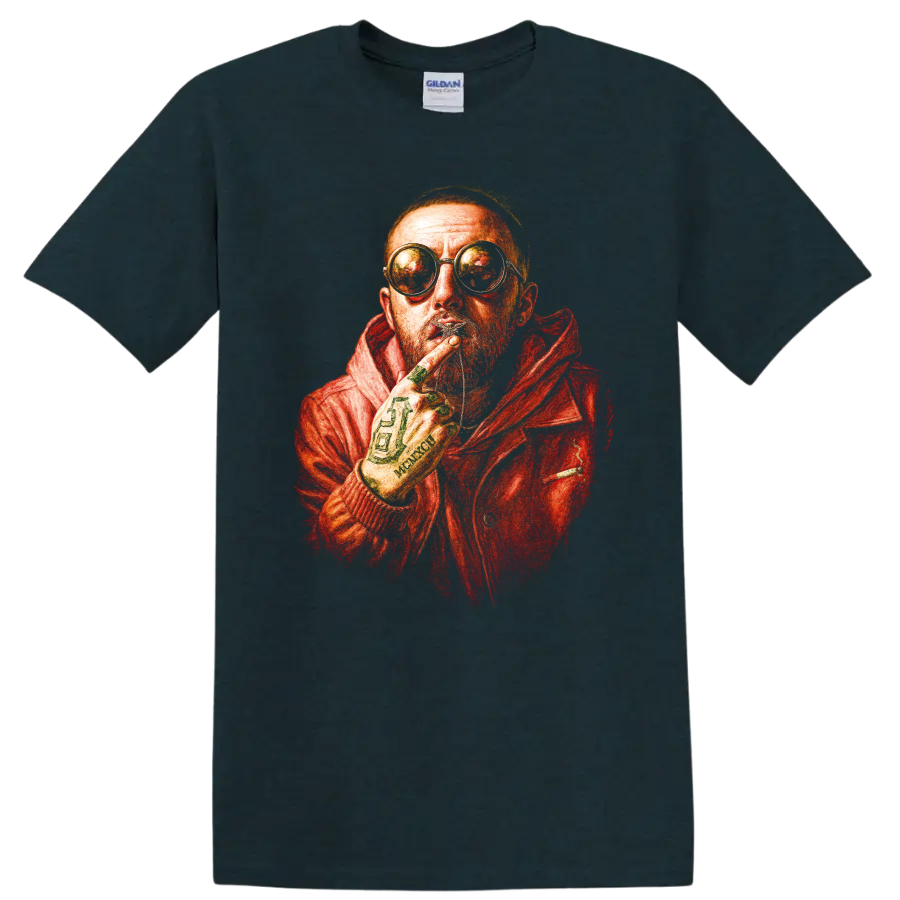 Mac Miller red-orange hip-hop portrait with round glasses on a Midnight (Green) T Shirt