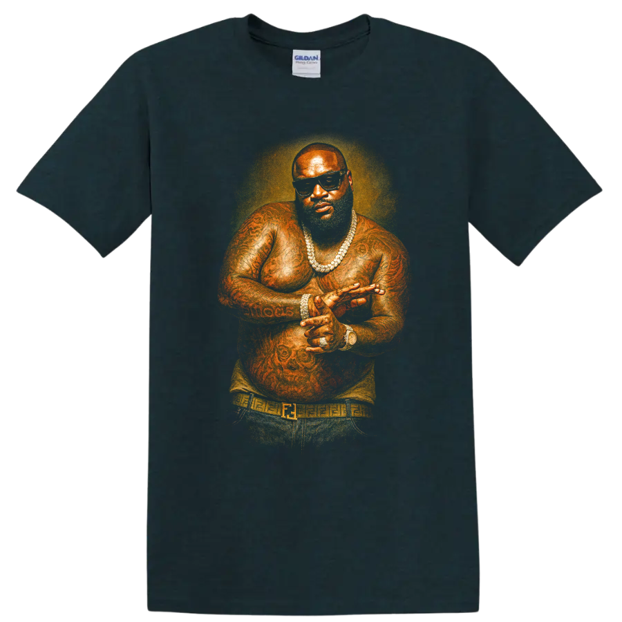 Rick Ross illustrated hip-hop portrait with sunglasses and jewelry on a Midnight (Green) T Shirt