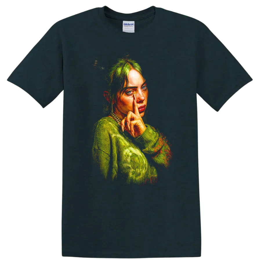 Billie Eilish pointillist portrait fan art in vivid green and orange tones on a Midnight (Green) T Shirt