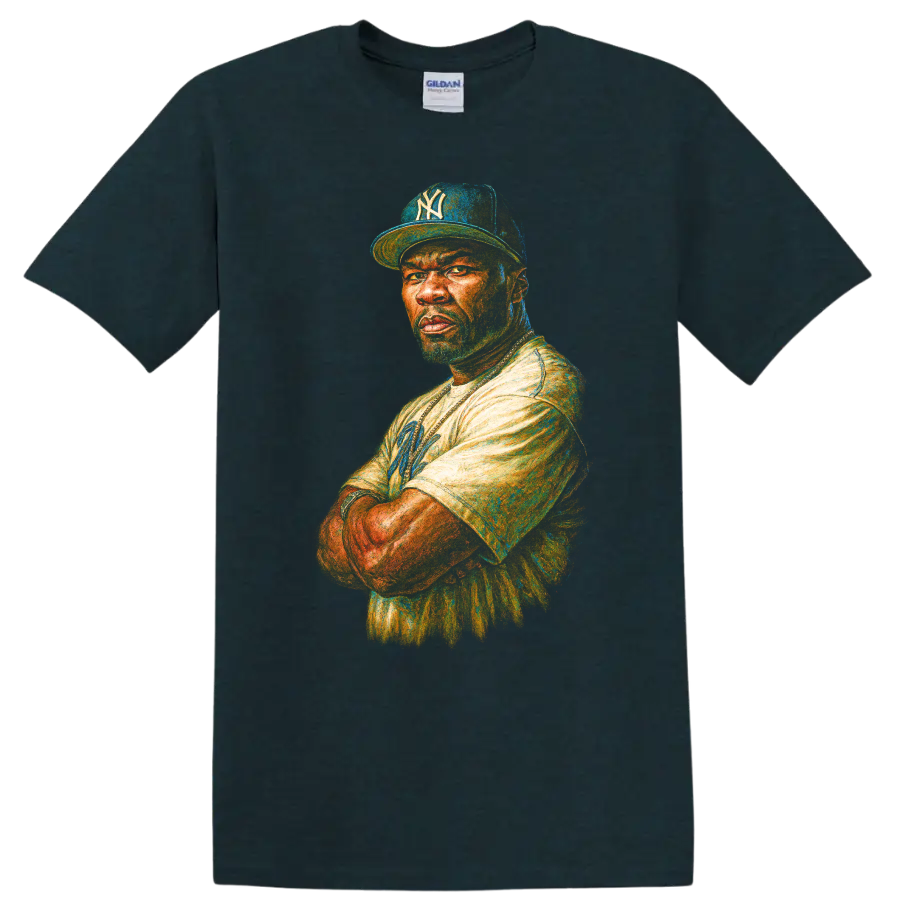 Colorful painterly portrait of 50 Cent wearing a Yankees cap on a Midnight (Green) T Shirt