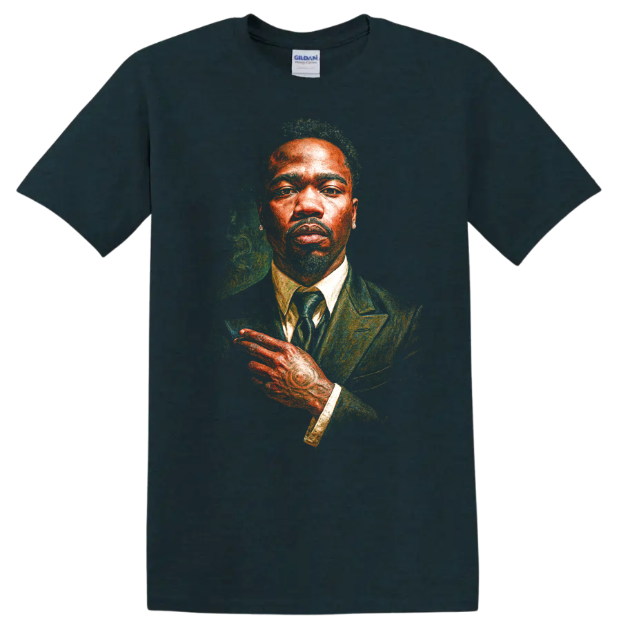 Pusha T stylized portrait artwork in a suit with vivid painterly texture on a Midnight (Green) T Shirt