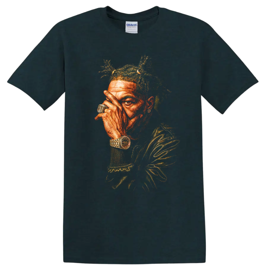 Boko Yout hip-hop portrait with vivid textured colors and jewelry on a Midnight (Green) T Shirt