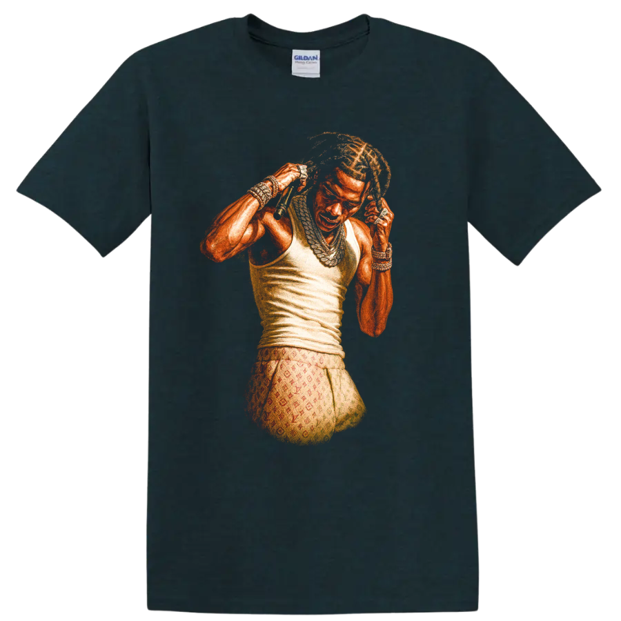 Playboi Carti portrait in vivid orange hip-hop graphic style on a Midnight (Green) T Shirt
