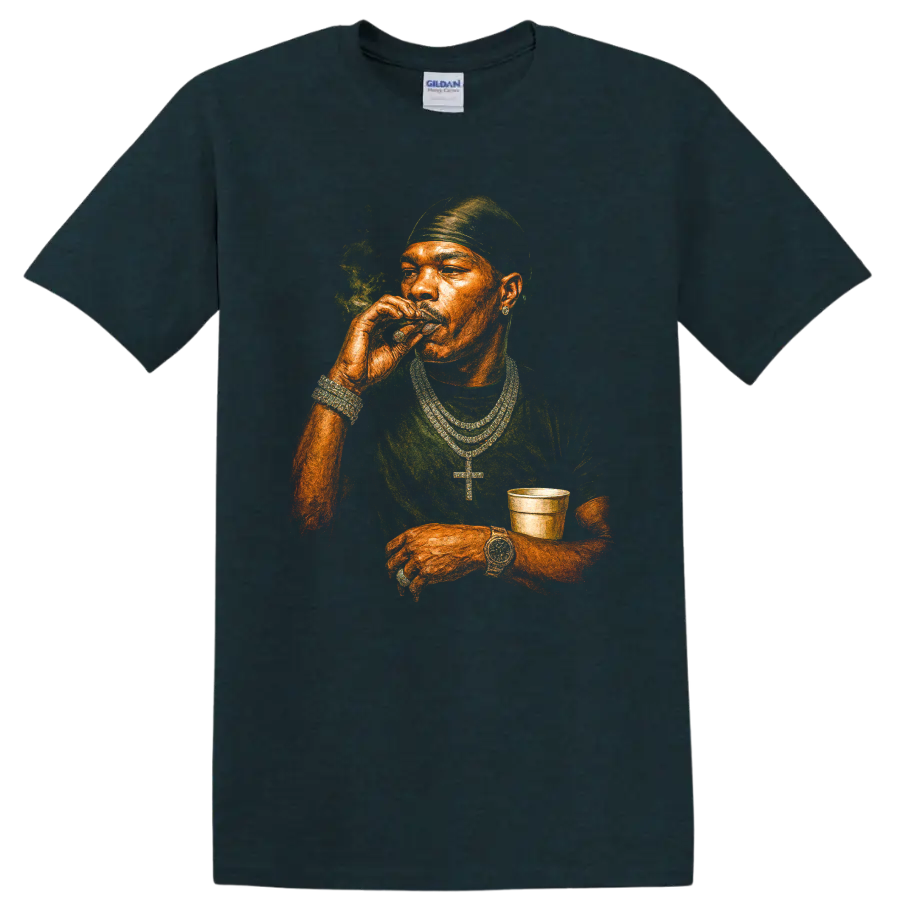 Bandana P hip-hop portrait graphic with bandana, chains, smoke, and cup on a Midnight (Green) T Shirt