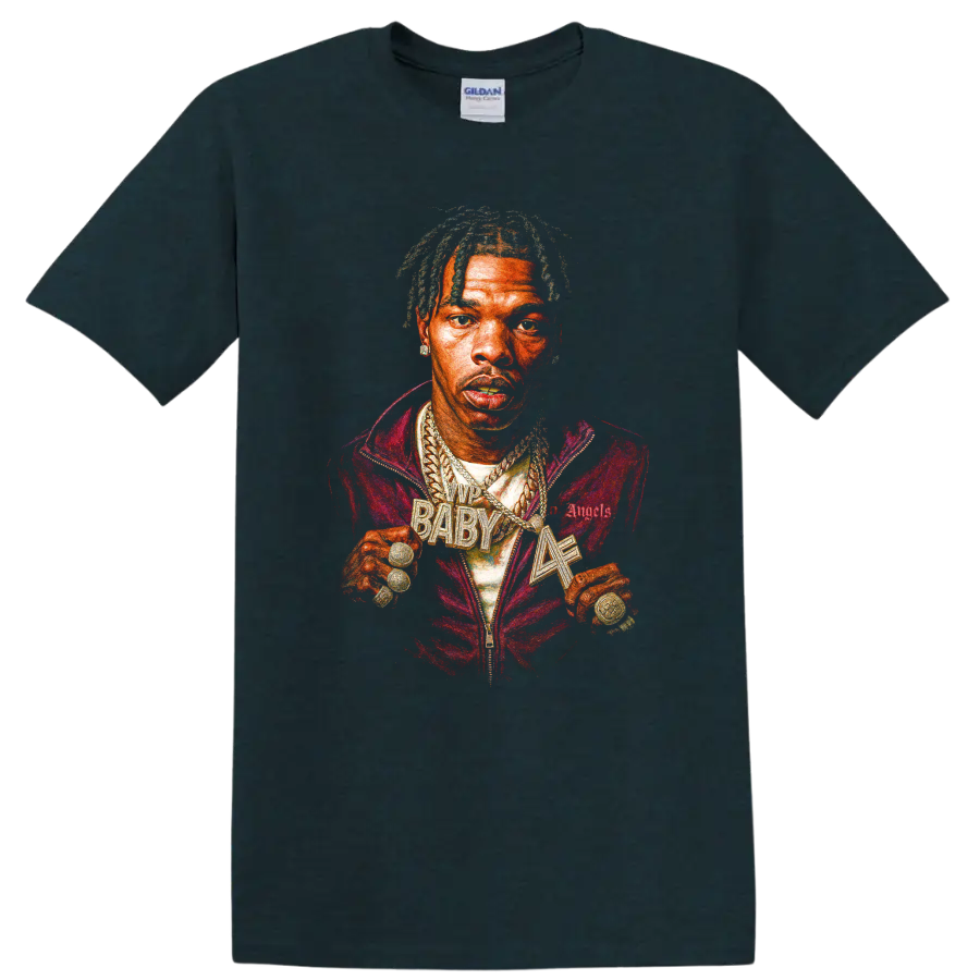 Lil Baby portrait graphic with vivid red and gold hip-hop streetwear styling on a Midnight (Green) T Shirt