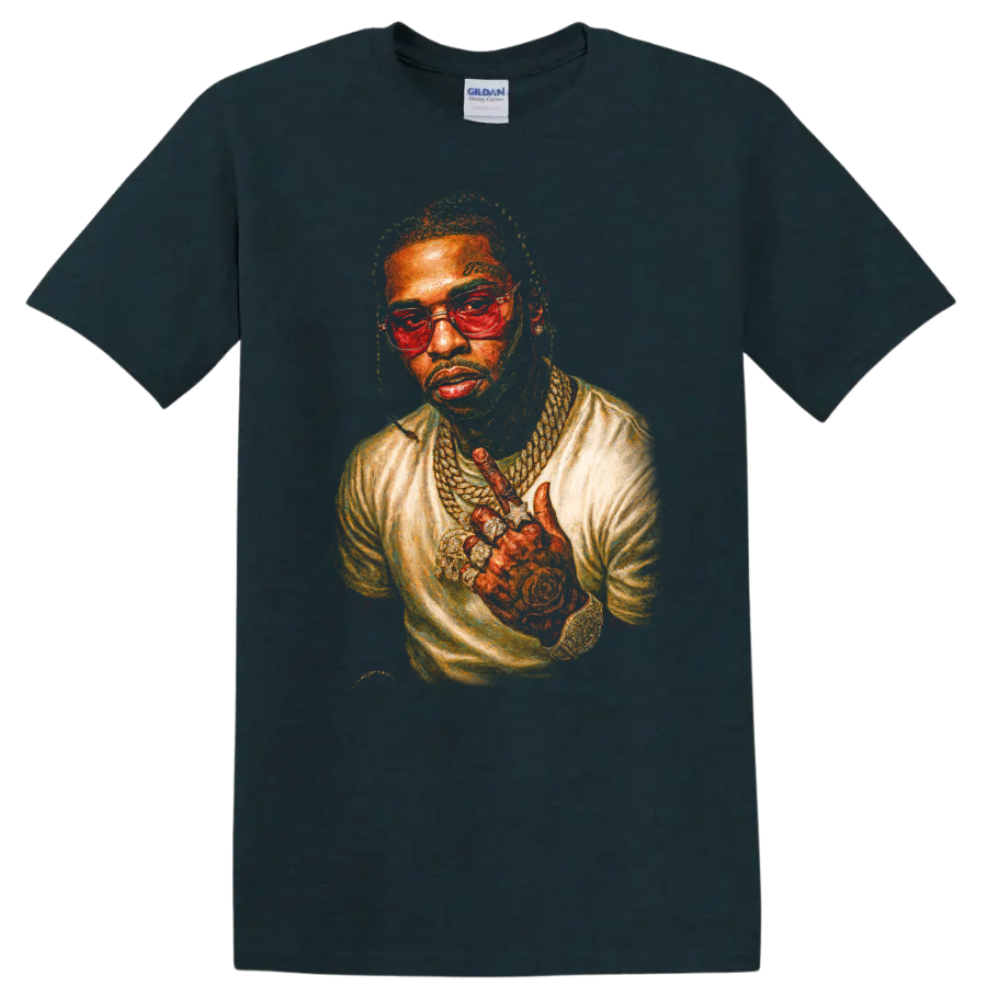 Pop Smoke Brooklyn drill illustrated portrait with glasses and layered jewelry on a Midnight (Green) T Shirt