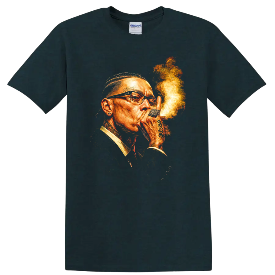 Rick Ross tattooed portrait graphic with glasses, jewelry, and smoke on a Midnight (Green) T Shirt