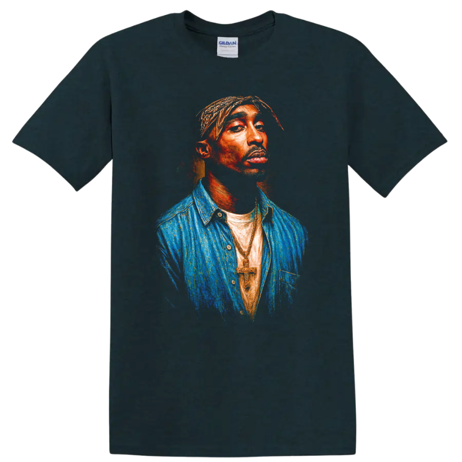Tupac Shakur digital portrait in vivid hip-hop pop-art style on a Midnight (Green) T Shirt
