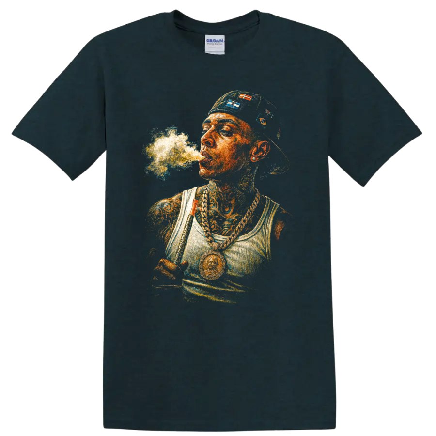 Central Cee UK drill portrait with tattoos, chains, cap, and smoke on a Midnight (Green) T Shirt