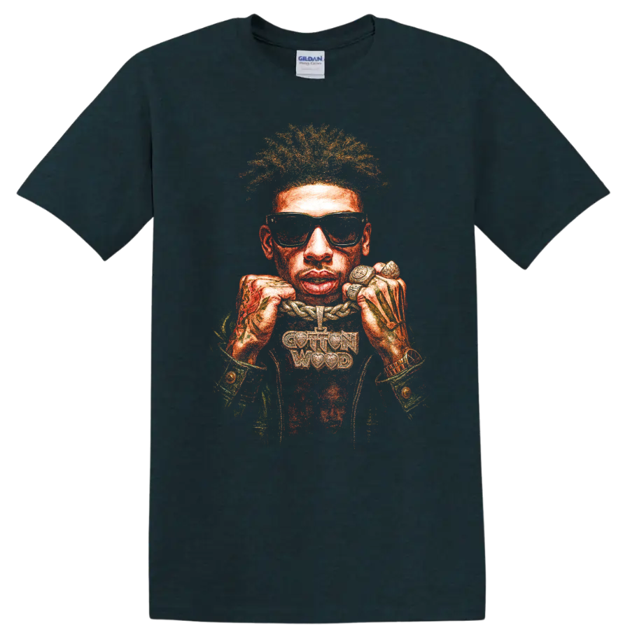 Kodak Black hip-hop portrait graphic with sunglasses and jewelry on a Midnight (Green) T Shirt